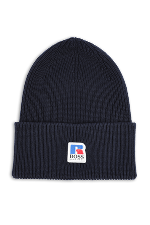 Boss X Russell Athletic Ribbed Beanie Hat in Dark Blue BOSS