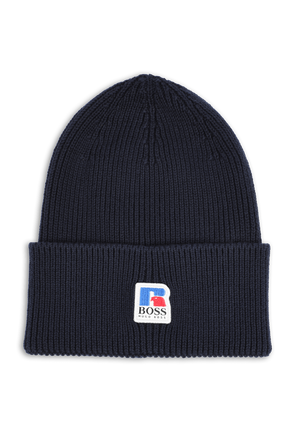 Boss X Russell Athletic Ribbed Beanie Hat in Dark Blue BOSS