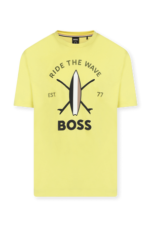 חולצת טי צהובה עם דפוס גלשן ולוגו BOSS