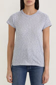 תמונת דוגמן קידמית של חולצת טי מכותנה אורגנית עם הדפס פסים