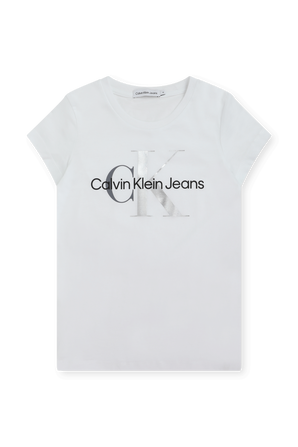 גילאי 6-16 חולצת טי לבנה עם כיתוב ממותג מבריק CALVIN KLEIN