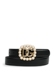 חגורת עור שחורה עם לוגו מוזהב ופנינים DOLCE & GABBANA