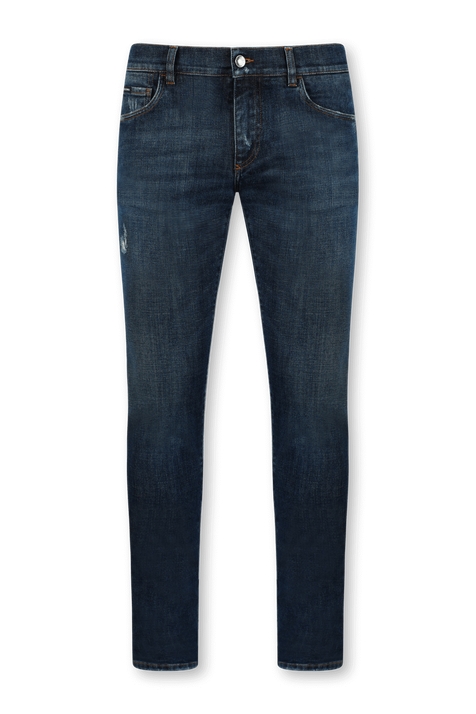 מכנסי סקיני ג'ינס כחולים עם תגית מטאלית