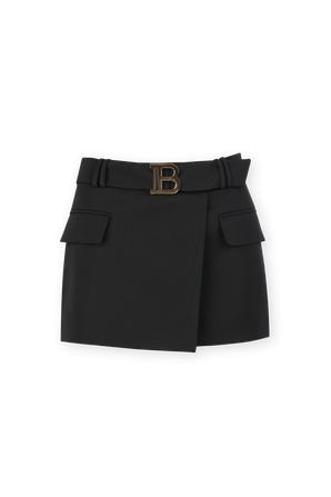 Wool Gold Belt Mini Skirt in Black BALMAIN