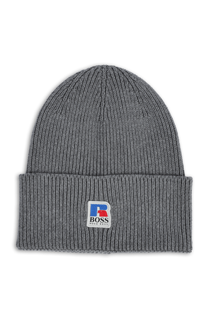 Boss X Russell Athletic Ribbed Beanie Hat in Grey BOSS