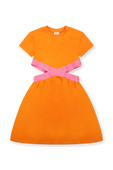 גילאי 8-12 שמלה כתומה עם חגורת מותן ממותגת ורודה FENDI KIDS