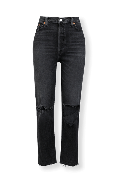 מכנסי ג'ינס סטוב פייפ שחורים עם קצוות פרומים RE/DONE