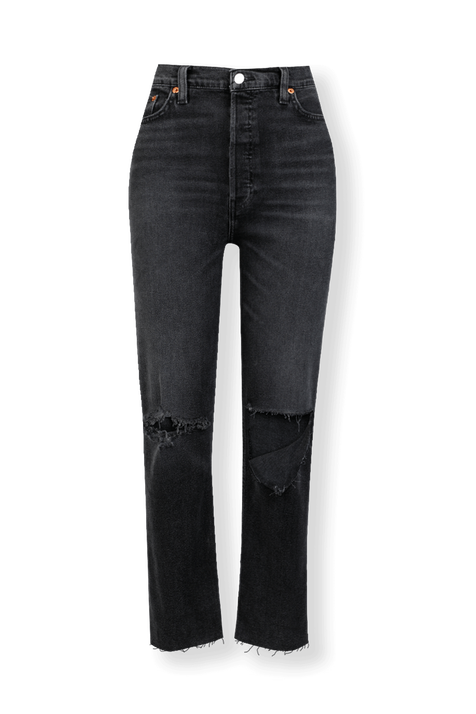 מכנסי ג'ינס סטוב פייפ שחורים עם קצוות פרומים RE/DONE