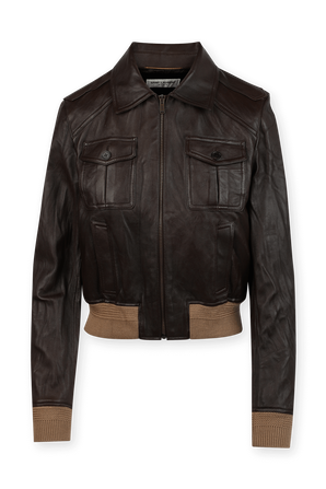 ז'קט עור מרוכסן בגוון חום SAINT LAURENT