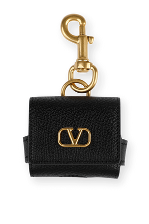 V Logo Signature Earphone Case in Black Leather VALENTINO GARAVANI