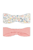 תמונה אחורית של מארז שני פפיונים לשיער עם הדפס פרחוני והדפס פסים ורוד