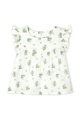 גילאי 18-36 חודשים חולצה לבנה עם עיטורי פרחים ירוקים ושרוולי מלמלה PETIT BATEAU