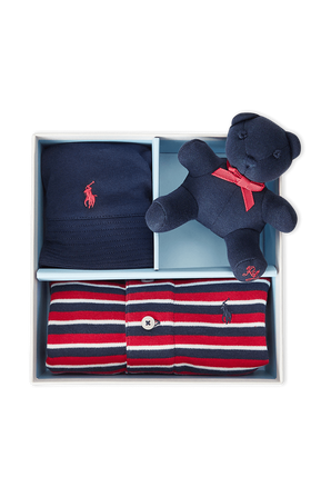 גילאי 3-9 חודשים מארז אוברול פולו, כובע ודובי בכחול ואדום POLO RALPH LAUREN KIDS