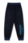 גילאי 4-6 מכנסיים ארוכים כחולים עם לוגו רקום VERSACE KIDS