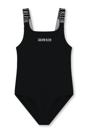 גילאי 8-16 בגד ים שלם שחור עם כתפיות לוגו CALVIN KLEIN