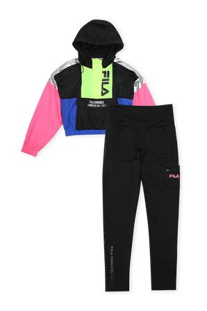גילאי 4-16 סט ספורטיבי הכולל סווטשירט ניילון צבעוני ומכנסי טייץ שחורים FILA
