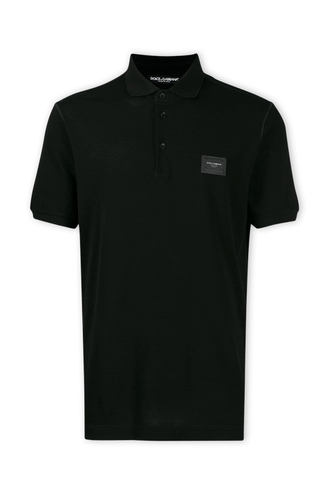 חולצת פולו שחורה מכותנה עם לוחית לוגו מטאלית