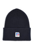 תמונה קידמית של Boss X Russell Athletic Ribbed Beanie Hat in Dark Blue