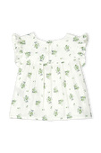 גילאי 18-36 חודשים חולצה לבנה עם עיטורי פרחים ירוקים ושרוולי מלמלה PETIT BATEAU