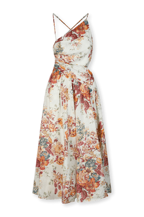 שמלת פאטל א-סימטרית עם הדפס פרחוני מפשתן ZIMMERMANN