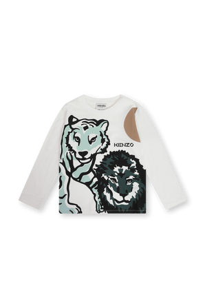 גילאי 6-12 חולצת טי ארוכה עם הדפס נמר ואריה בגוון לבן KENZO KIDS