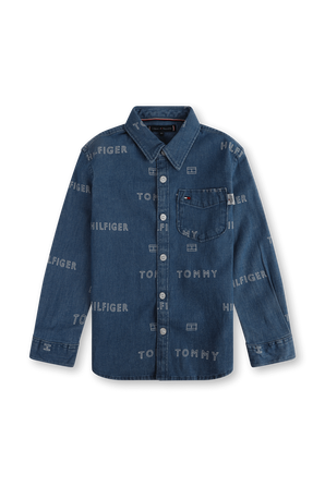 גילאי 8-16 חולצת ג'ינס מכופתרת עם הדפס לוגו  TOMMY HILFIGER KIDS