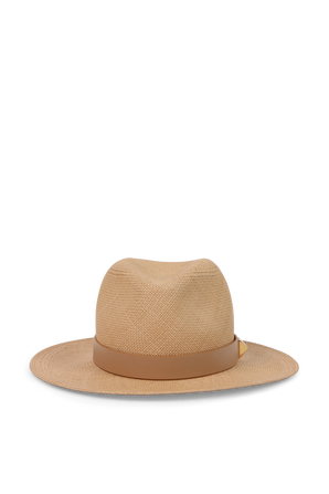 כובע קש רומן עם רצועת עור חומה VALENTINO