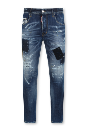 ג'ינס חמישה כיסים בשטיפת אסיד כחולה בשילוב כתמי צבע DSQUARED2
