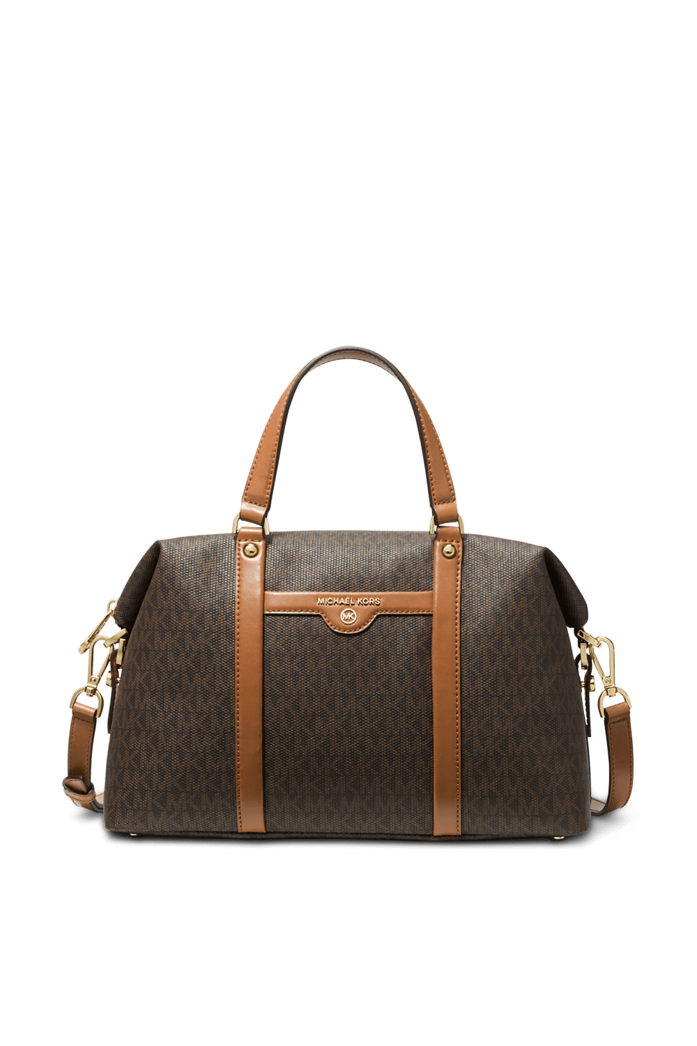 תמונה קידמית של תיק נשיאה חום עם לוגו מטאלי