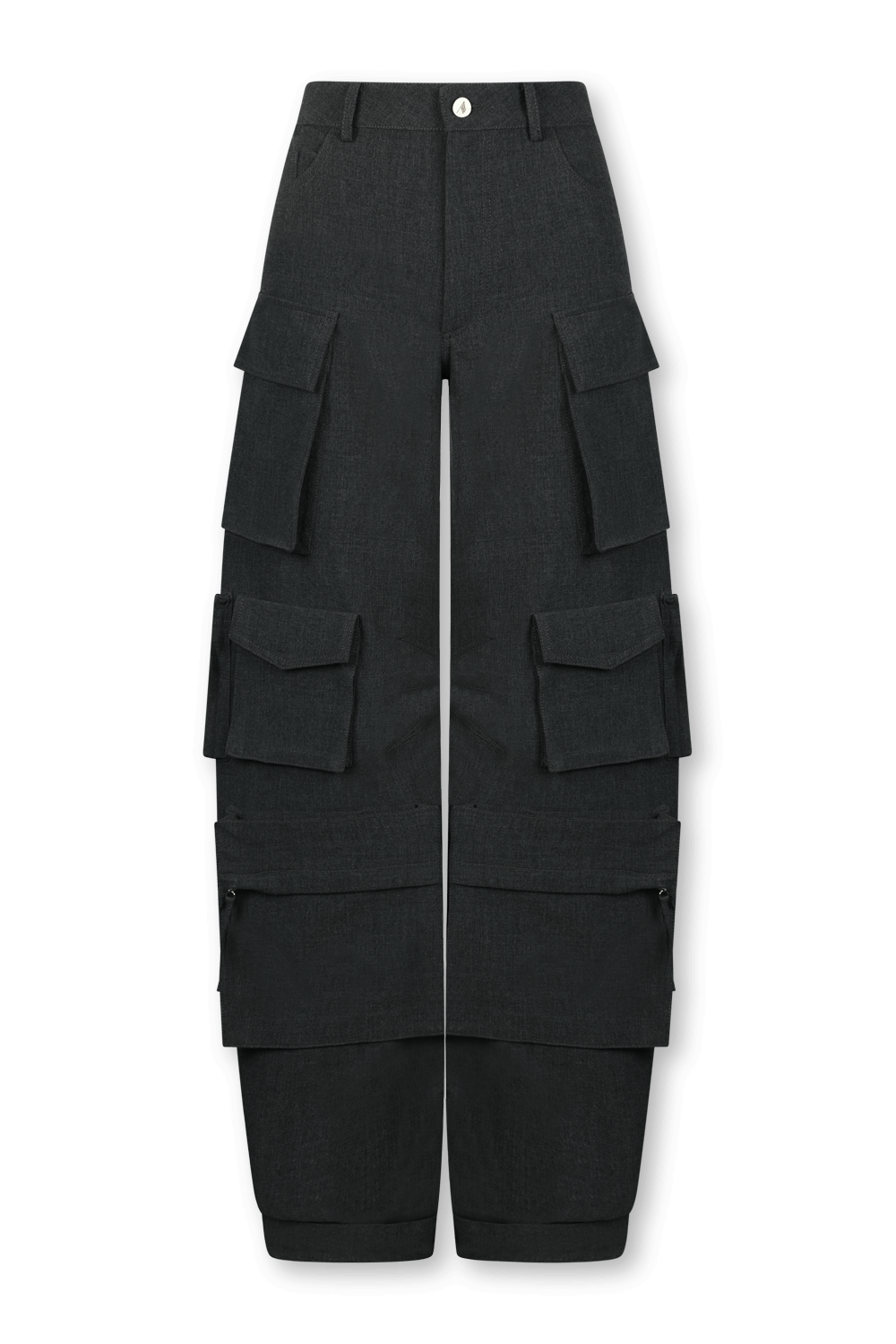 תמונה קידמית של מכנסי אוברסייז מרובי כיסים אפורים