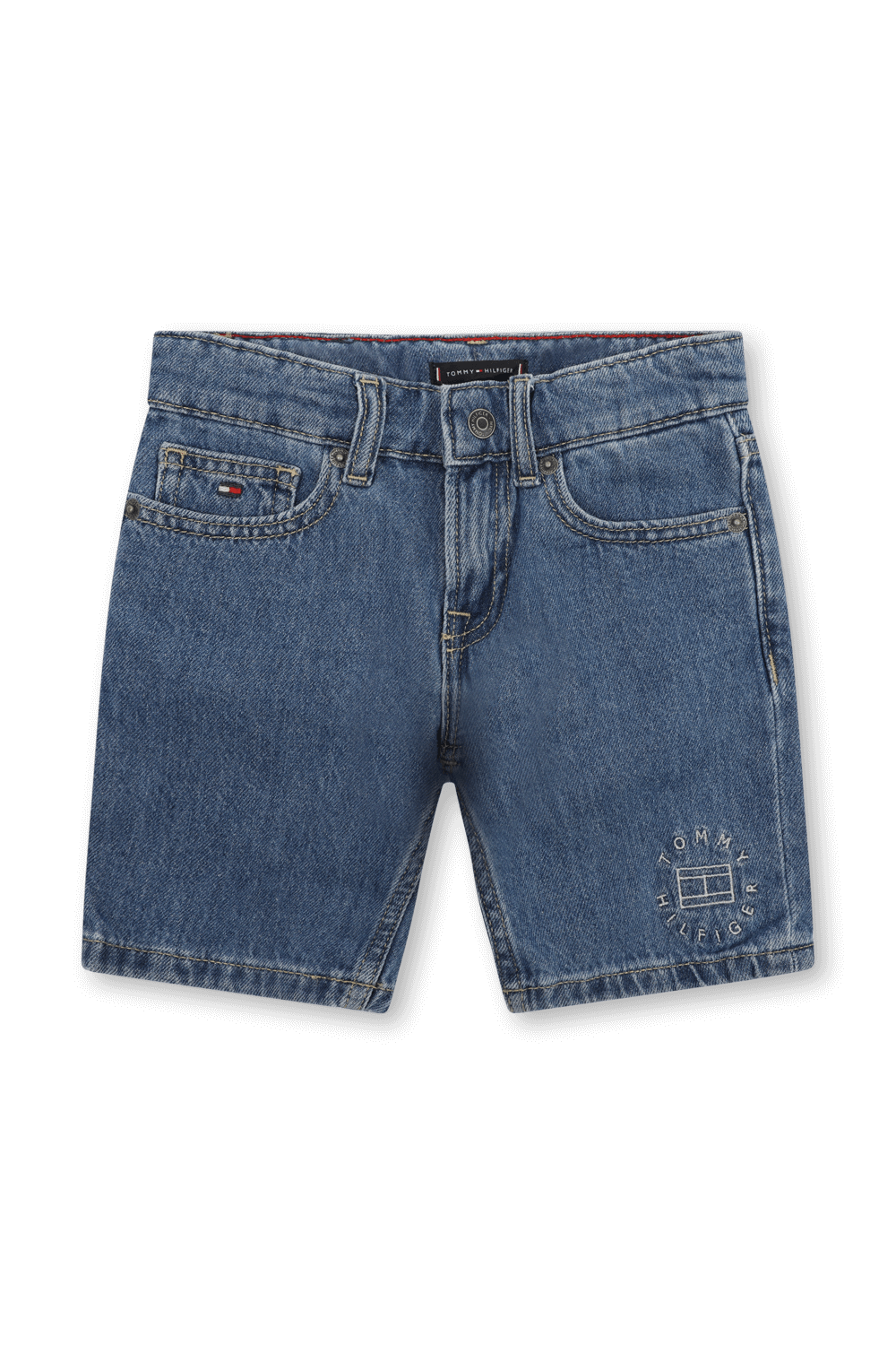 גילאי 8-14 מכנסי ג'ינס קצרים כחולים עם סמל רקום TOMMY HILFIGER KIDS