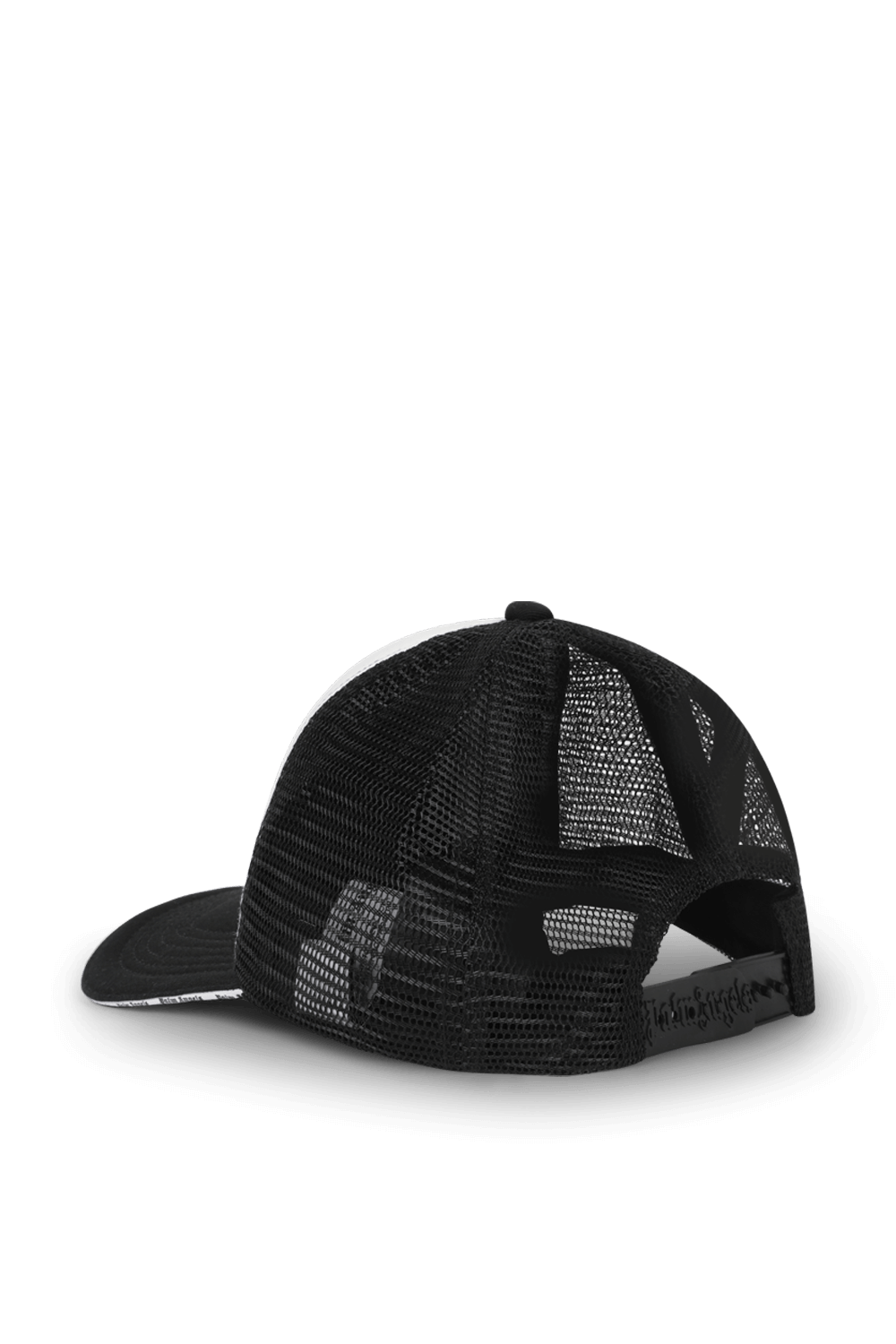 תמונה אחורית של כובע רשת עם דובי בגווני שחור ולבן