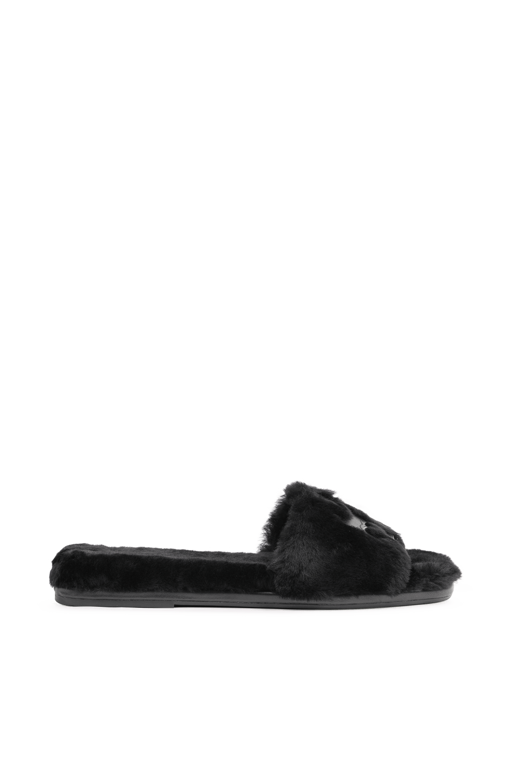 תמונה קידמית של כפכפי סליידס פרוותיים בגוון שחור