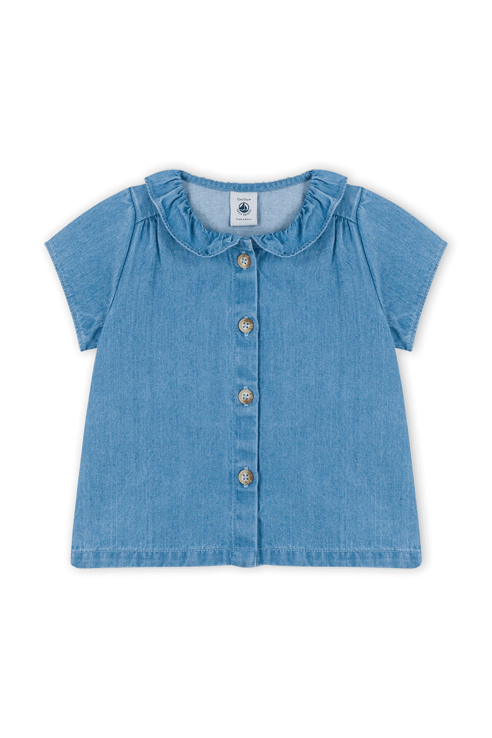גילאי 3-12 חודשים חולצה מכופתרת קצרה בגוון כחול ג'ינס PETIT BATEAU
