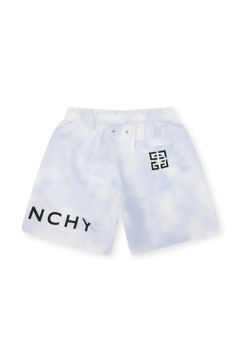 תמונה אחורית של מכנסי בגד ים עם הדפס ושרוכי קשירה