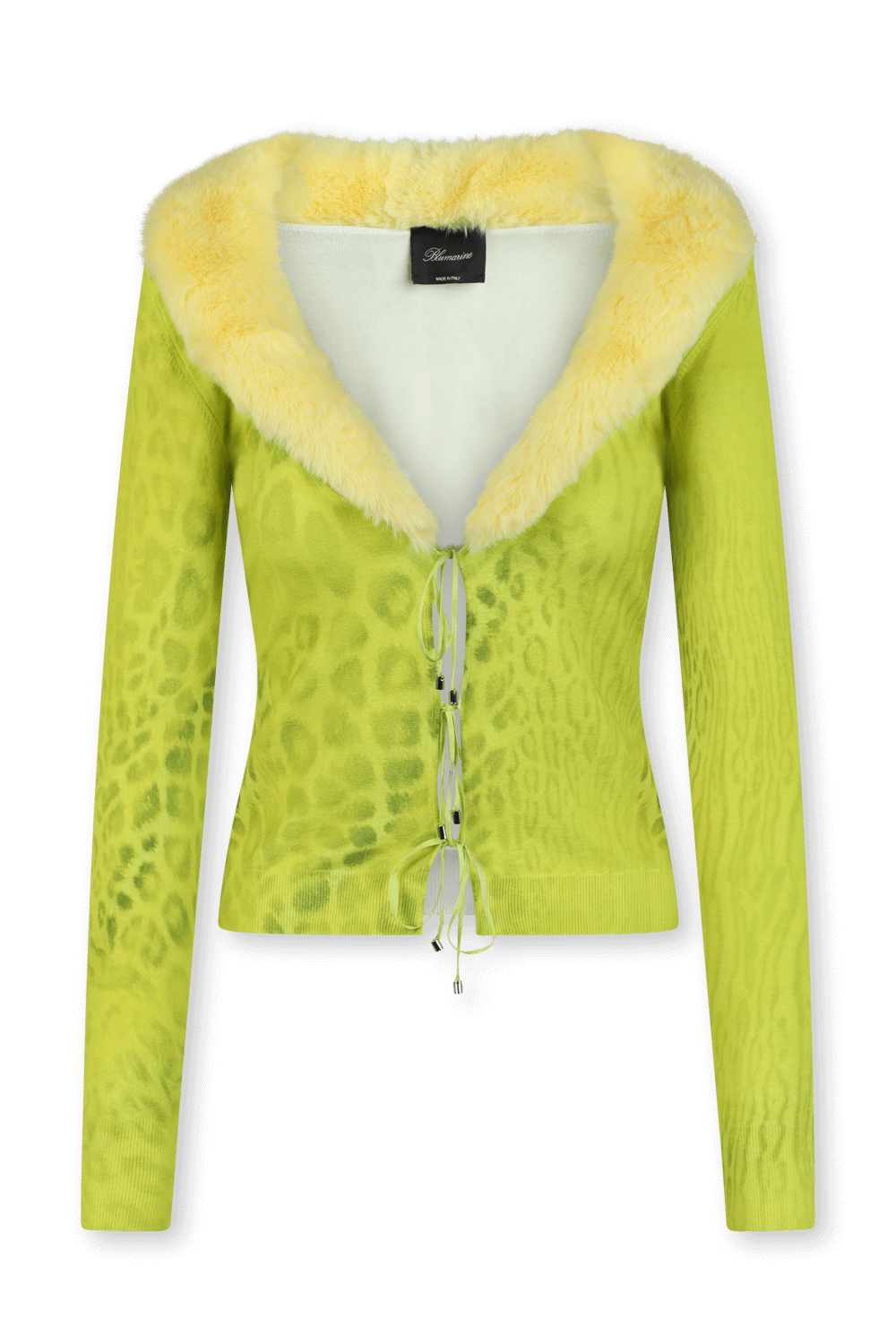 תמונה קידמית של קרדיגן צהוב מנומר עם צווארון פרוותי