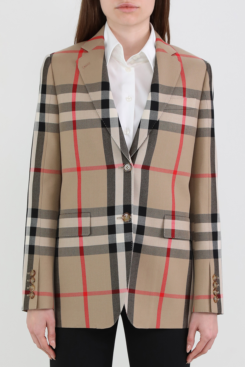 תמונת דוגמן קידמית של בלייזר משבצות מצמר וכותנה