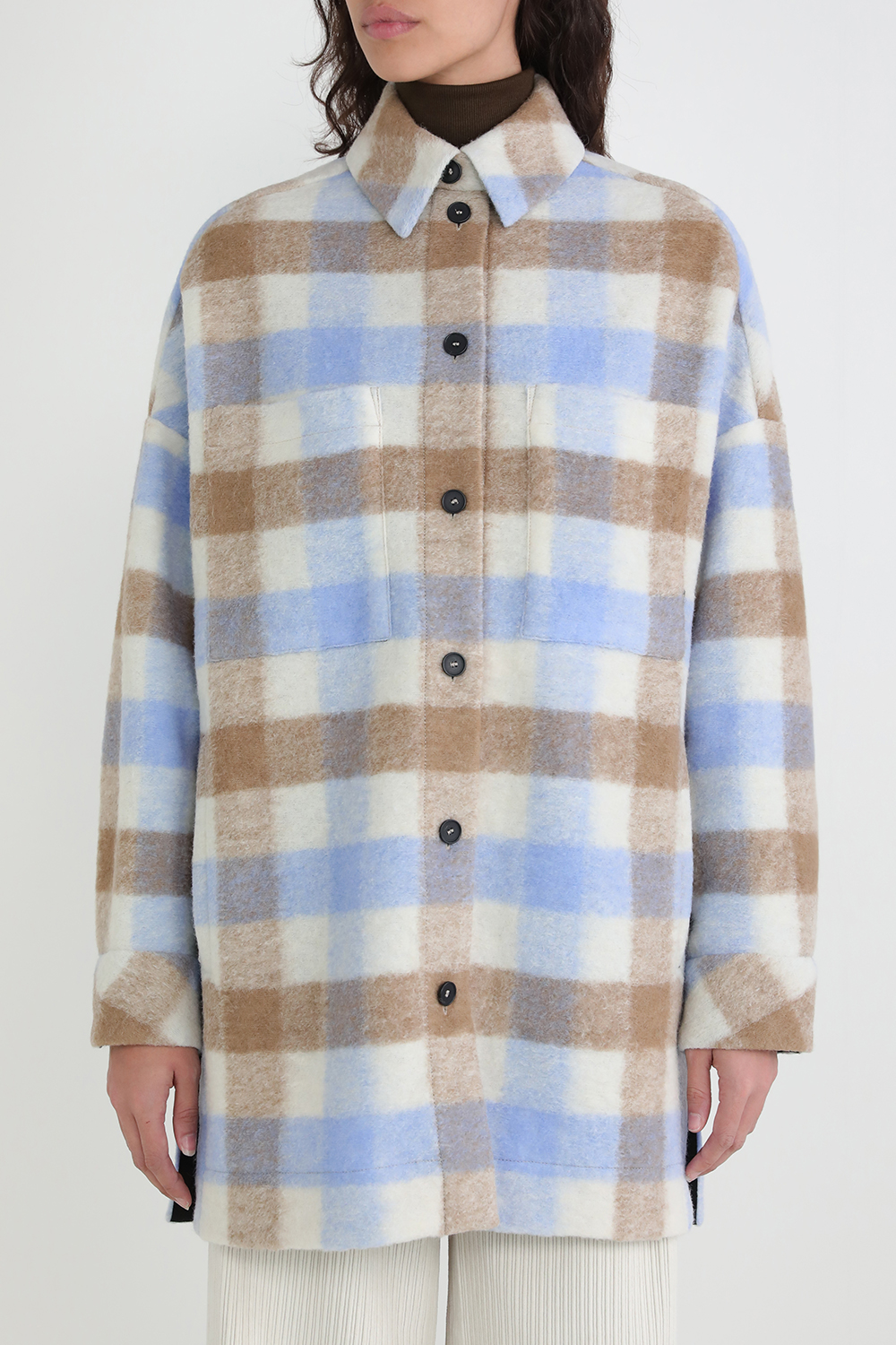 תמונת דוגמן קידמית של ז'קט משבצות ארוך