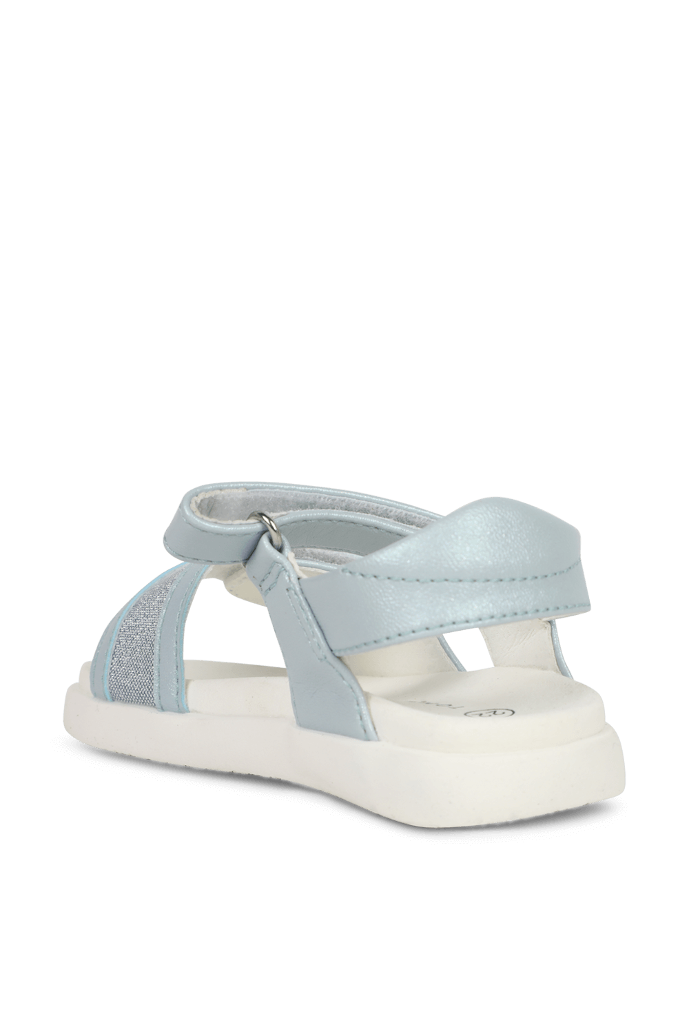 תמונה אחורית של מידות 20-23 סנדלים תכלת עם רצועה מנצנצת