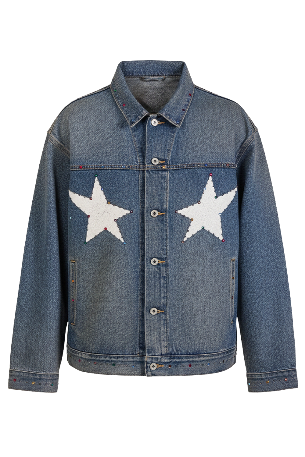 תמונה קידמית של ז'קט ג'ינס בשיבוץ אבנים