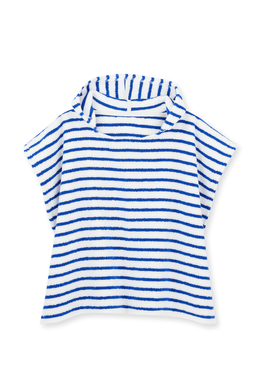 תמונה אחורית של מגבת פונצ'ו בכחול ולבן