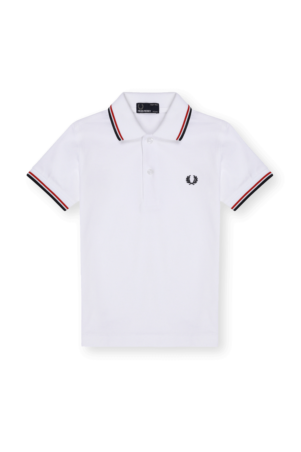 תמונה קידמית של גילאי 2-9 חולצת פולו בלבן עם רקמת לוגו וגימורי פסים