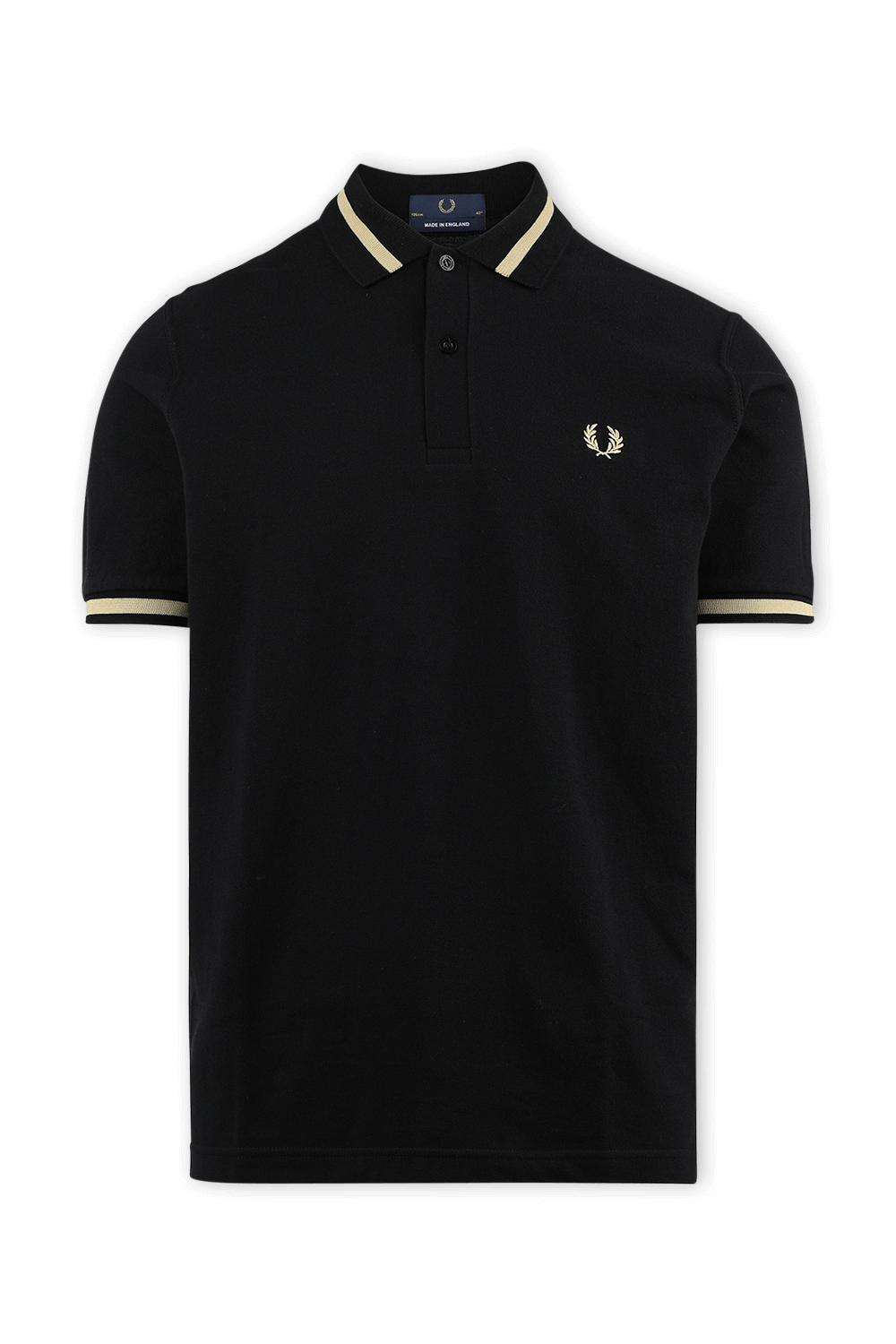 תמונה קידמית של חולצת פולו שחורה עם עיטורי פסים