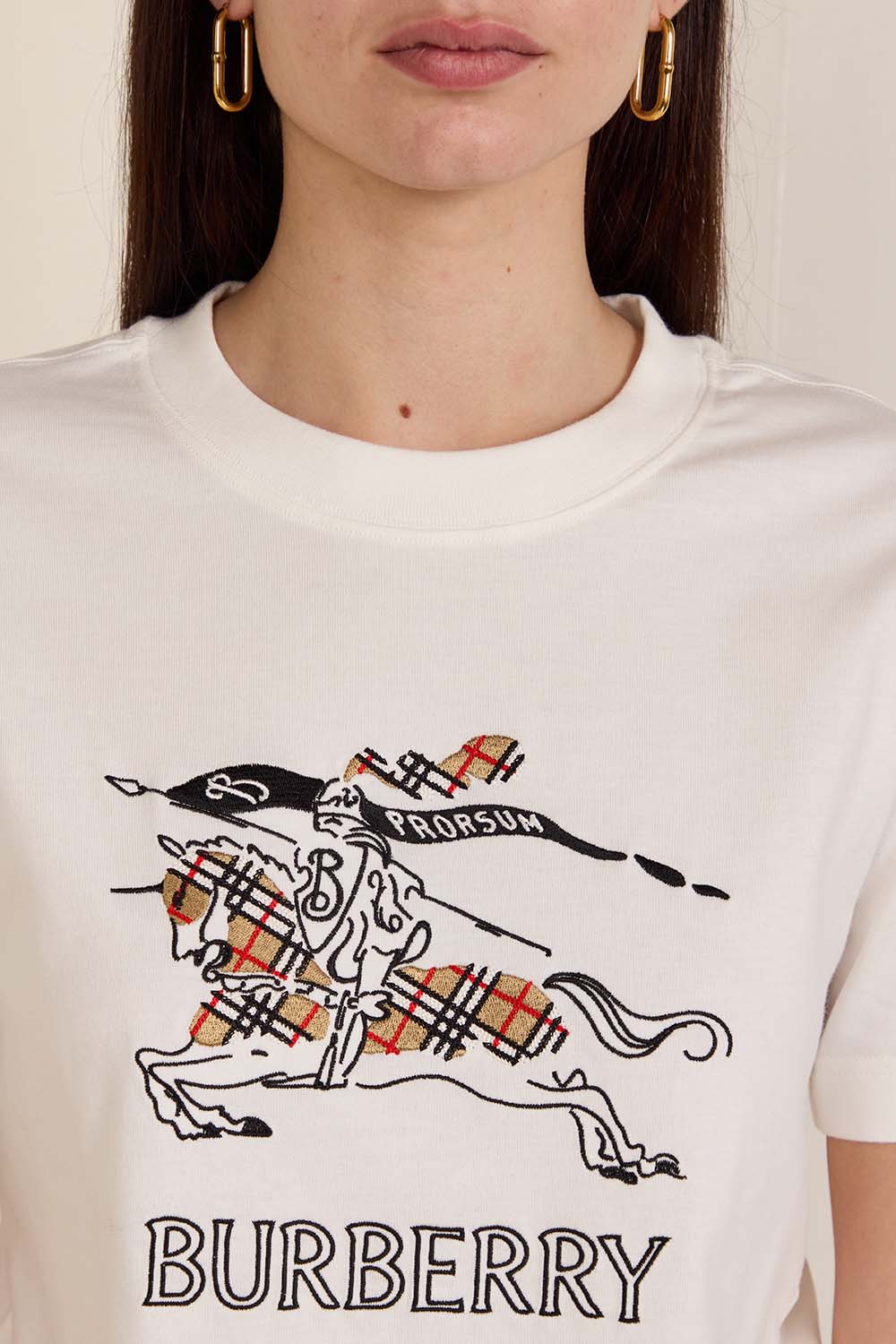 תמונת תקריב דוגמן של חולצת טי עם רקמת אביר