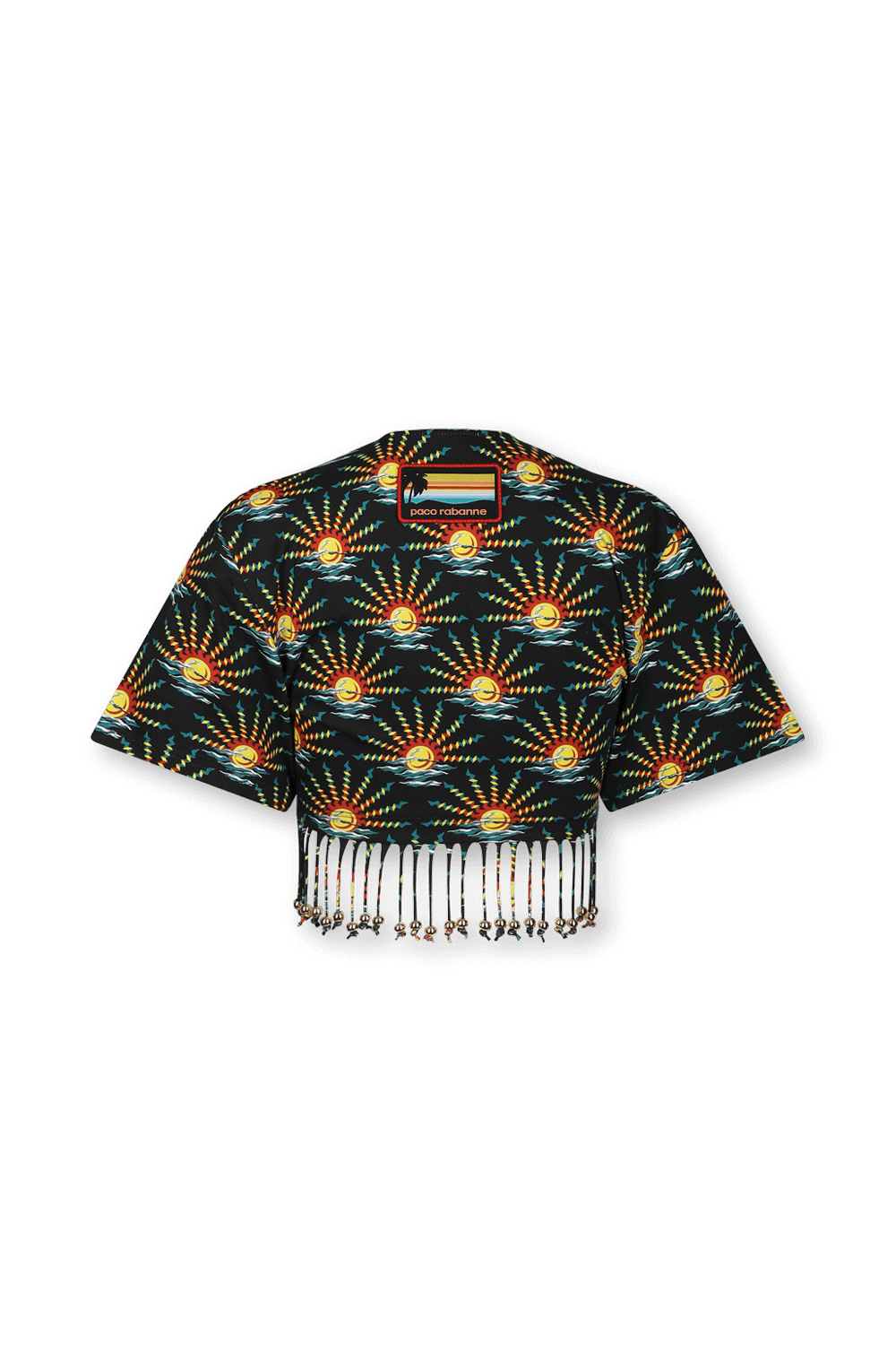 תמונה אחורית של חולצת קשירה ססגונית עם פרנזים