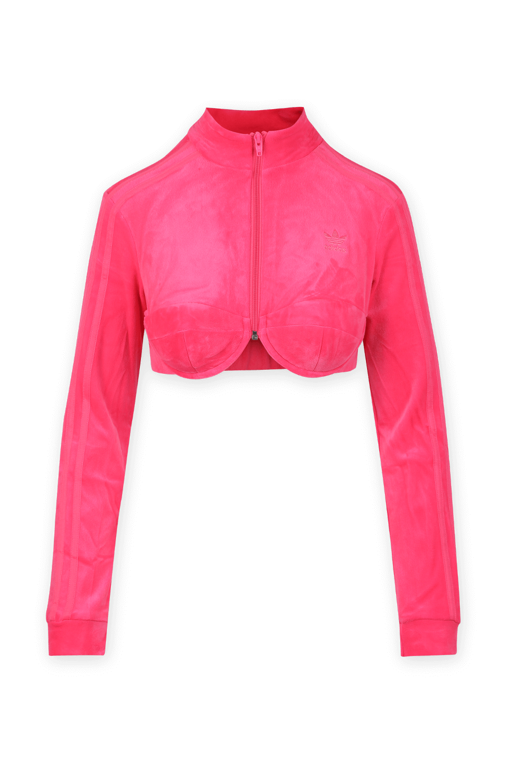 תמונה קידמית של ג'רמי סקוט לאדידס חולצת קרופ מרוכסנת בגוון ורוד