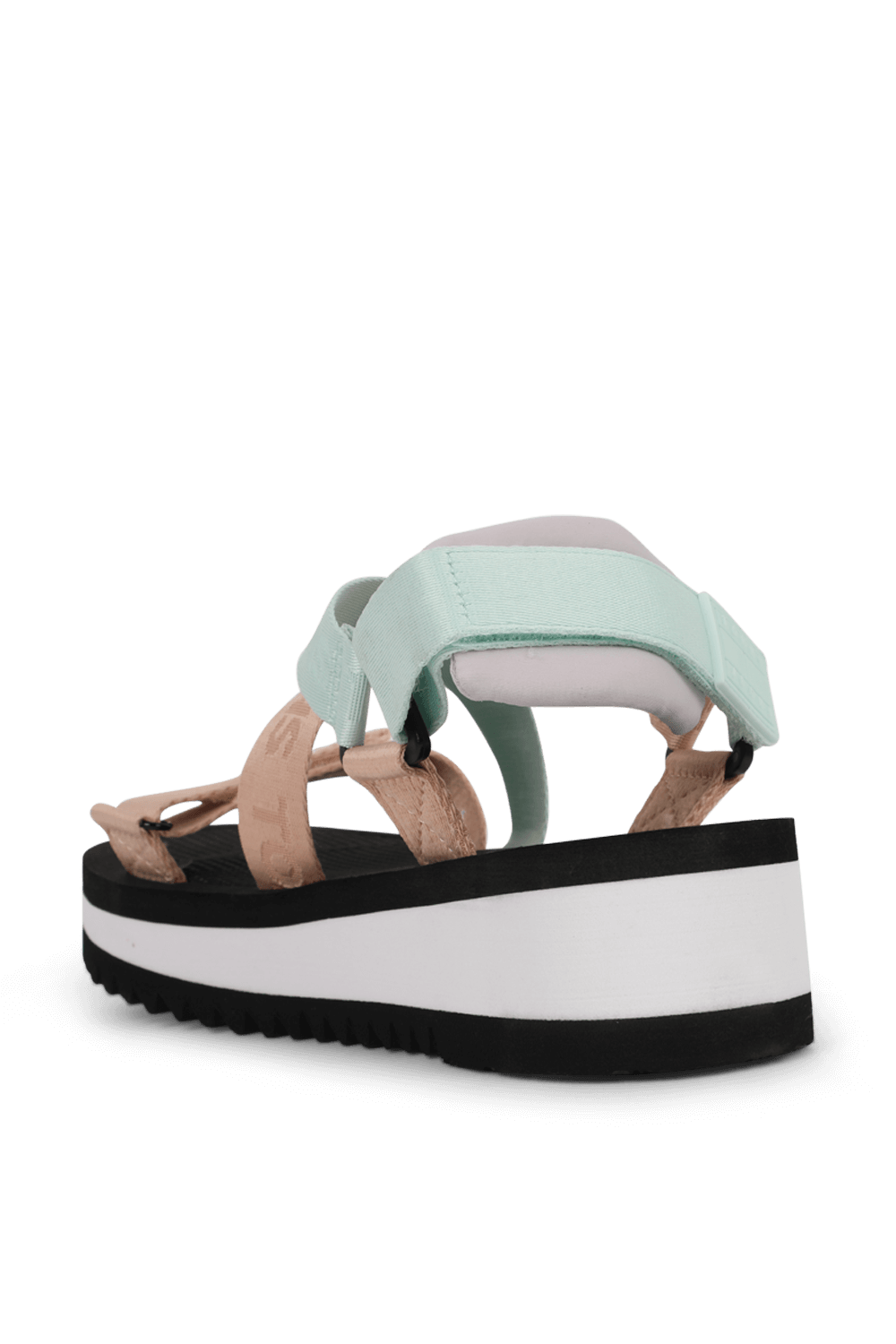 תמונה אחורית של סנדלי פלטפורמה בגווני אפרסק וטורקיז