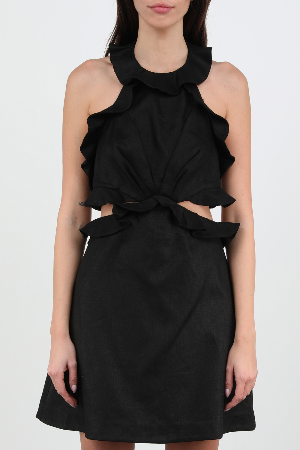 תמונת דוגמן קידמית של שמלת מיני עם קשירה בגוון שחור