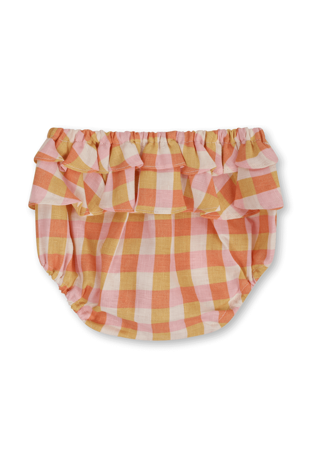 תמונה אחורית של גילאי 6-18 חודשים שמלה משובצת כתומה עם כיווצים