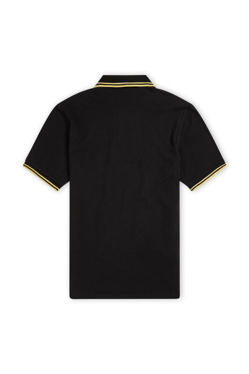תמונה אחורית של חולצת פולו שחורה עם עיטורי פסים